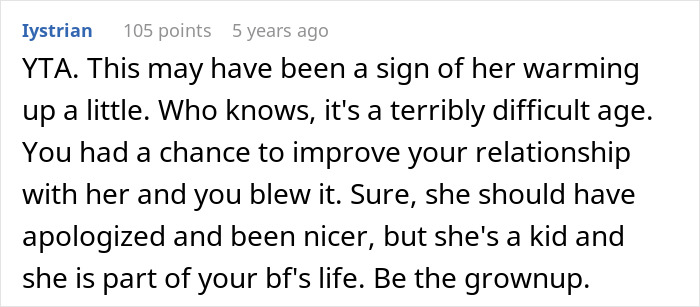 Comment discussing a 13-year-old's regret over not accepting dad's girlfriend's gift and her rude behavior.