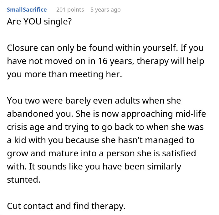 Comment advising therapy after fianc&eacute; disappears and man left without closure, reconnecting 16 years later.