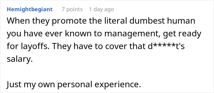 Comment about poor management promotions as subtle red flags indicating job insecurity and potential layoffs.