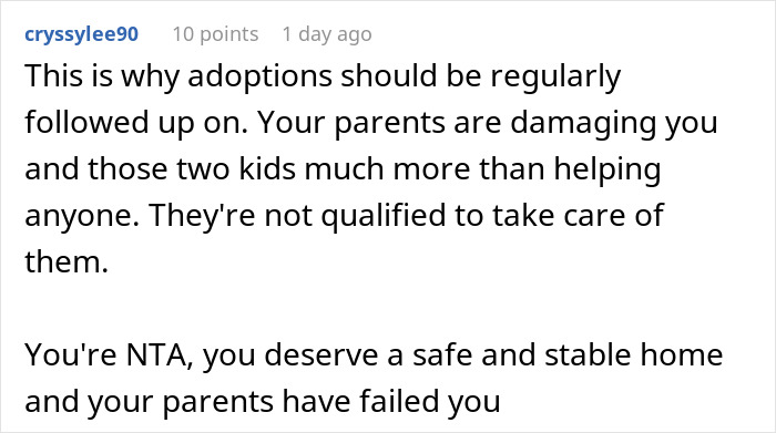 Reddit comment screenshot about adoption concerns, mentioning exhausted teen and parents failing to provide stability