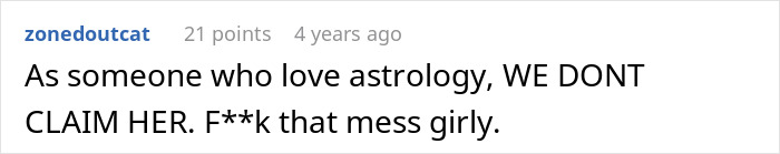 Screenshot of an online comment discussing astrology and a woman dumping her boyfriend over cheating with an astrology-obsessed friend.