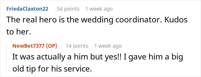 Screenshot of a conversation about a mil demanding wedding venue changes and being stuck due to a storm.