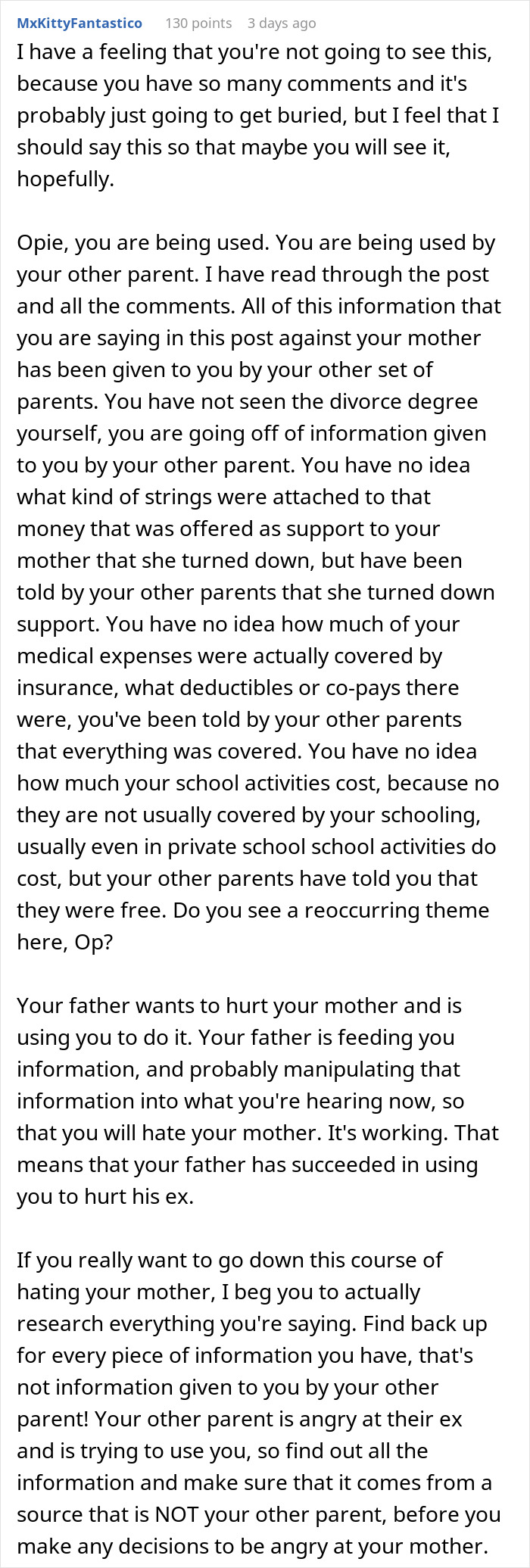 Comment warning a teen about parental manipulation in a $30k financial dispute with vague answers from mom online. Comment warning a teen about parental manipulation in a $30k financial dispute with vague answers from mom online.