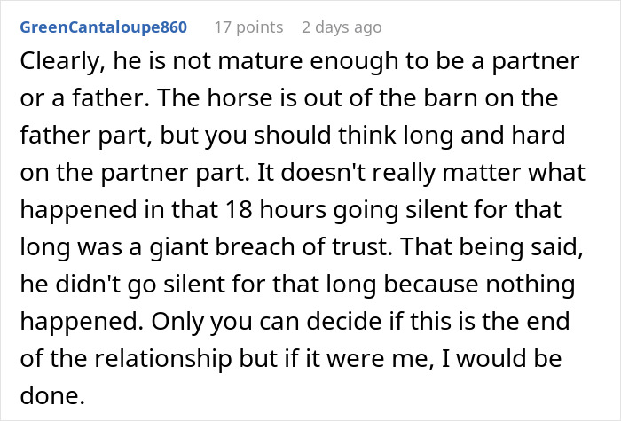 Comment discussing a woman rethinking her relationship after her boyfriend abandons her with a newborn to party for over 18 hours.