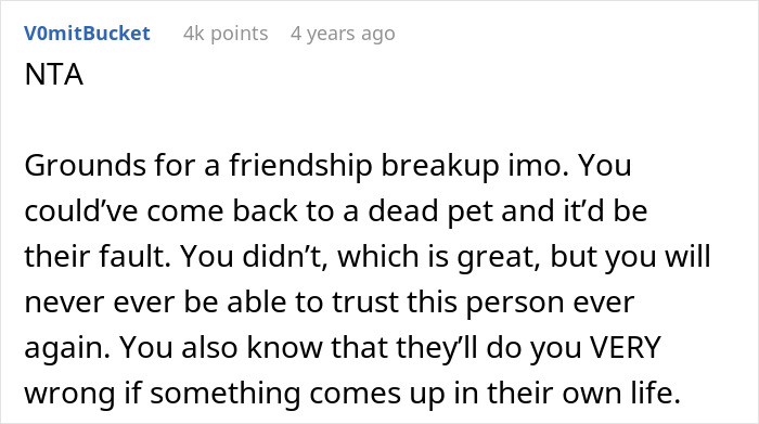 Comment discussing broken trust after bestie fails bunny care and goes missing during vacation. Comment discussing broken trust after bestie fails bunny care and goes missing during vacation.