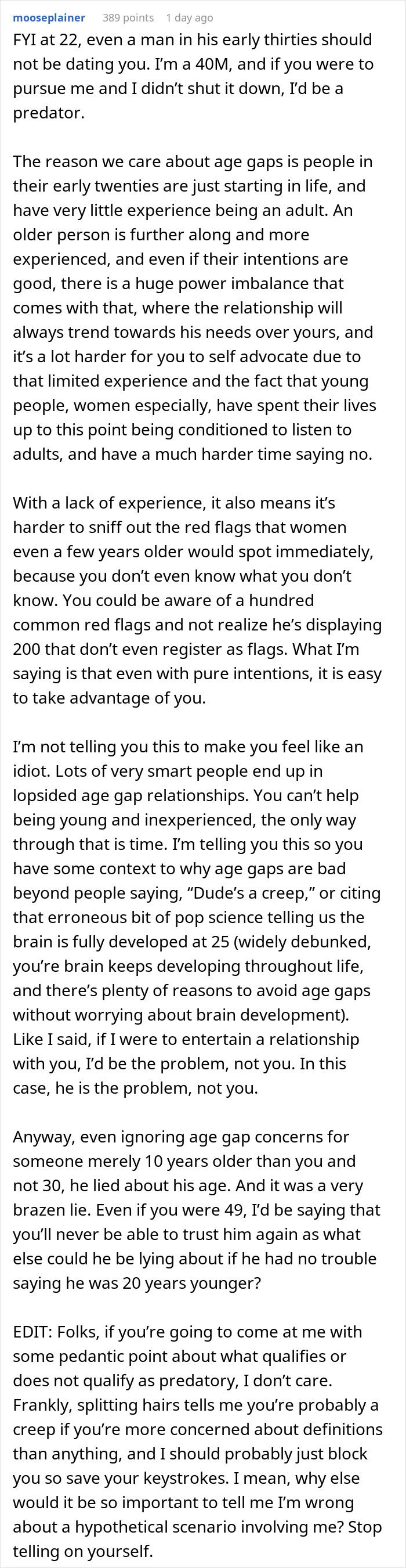 Comment discussing age gap relationships and a 50-year-old man lying about his age to a younger girlfriend.