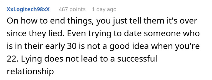 Comment about a 50-year-old guy lying about his age to a 22-year-old girlfriend ending the relationship. Comment about a 50-year-old guy lying about his age to a 22-year-old girlfriend ending the relationship.
