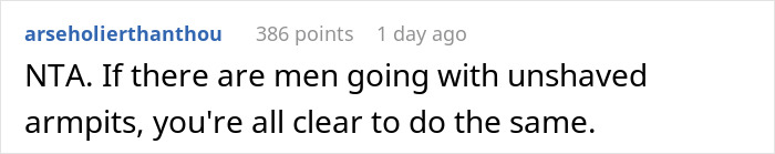 Comment discussing guests' discomfort about a woman’s hairy armpits seen as a personal insult by bride and groom. Comment discussing guests' discomfort about a woman’s hairy armpits seen as a personal insult by bride and groom.