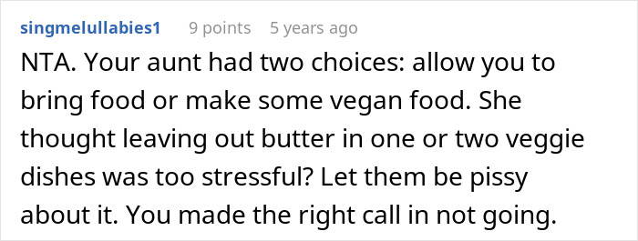Screenshot of a Reddit comment discussing frustration over no vegan options at Christmas Eve dinner. Screenshot of a Reddit comment discussing frustration over no vegan options at Christmas Eve dinner.