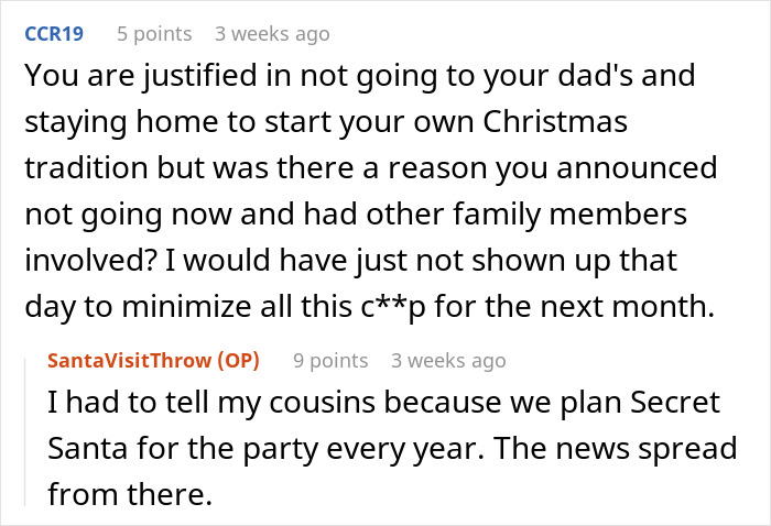 Comment thread discussing babysitting and a step-grandma sneaking a baby to Santa during a holiday family event. Comment thread discussing babysitting and a step-grandma sneaking a baby to Santa during a holiday family event.