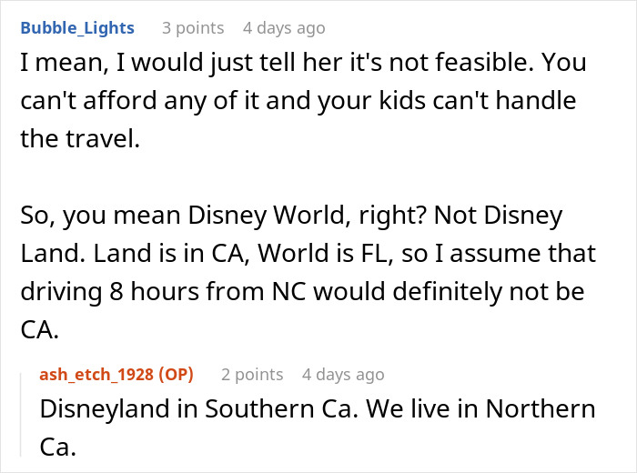 Discussion about a mom forcing her Disney dream involving debt and guilt shared in a family forum conversation.