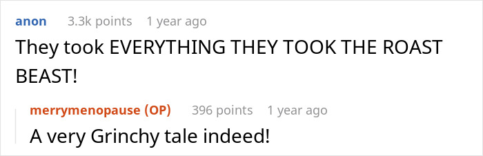 Reddit comment thread about a Thanksgiving host shocked as family clears all leftovers, leaving an empty fridge.