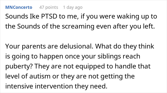 Reddit comment screenshot about an exhausted teen who can't sleep due to autistic siblings' screaming and CPS involvement