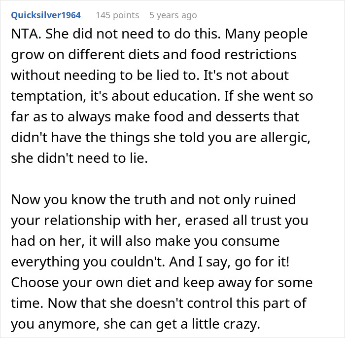 User comment discussing parents lied about allergies, focusing on trust, diet changes, and coping with food restrictions.
