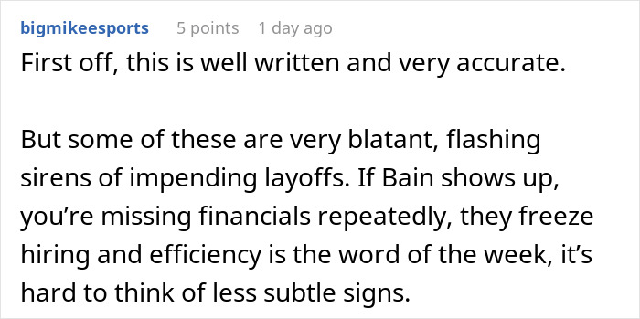 Screenshot of a Reddit comment discussing subtle red flags indicating job insecurity and impending layoffs in a workplace. Screenshot of a Reddit comment discussing subtle red flags indicating job insecurity and impending layoffs in a workplace.