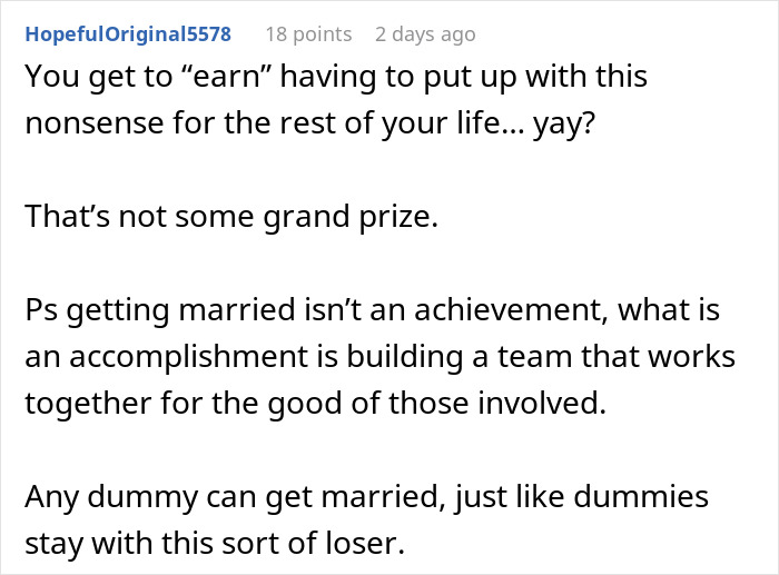 Screenshot of an online comment debating the idea that a woman must earn an engagement ring after years of dating.