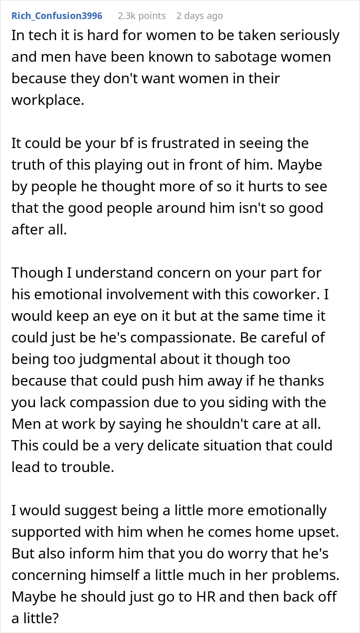 Screenshot of an online comment discussing misogyny and emotional struggles involving a boyfriend and female colleague.