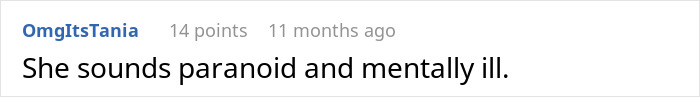 Screenshot of a social media comment saying she sounds paranoid and mentally ill in a discussion about relationship conflict. Screenshot of a social media comment saying she sounds paranoid and mentally ill in a discussion about relationship conflict.