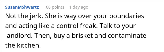 Online comment about roommate refusing to follow strict vegan kitchen rules and being called selfish in shared living space.