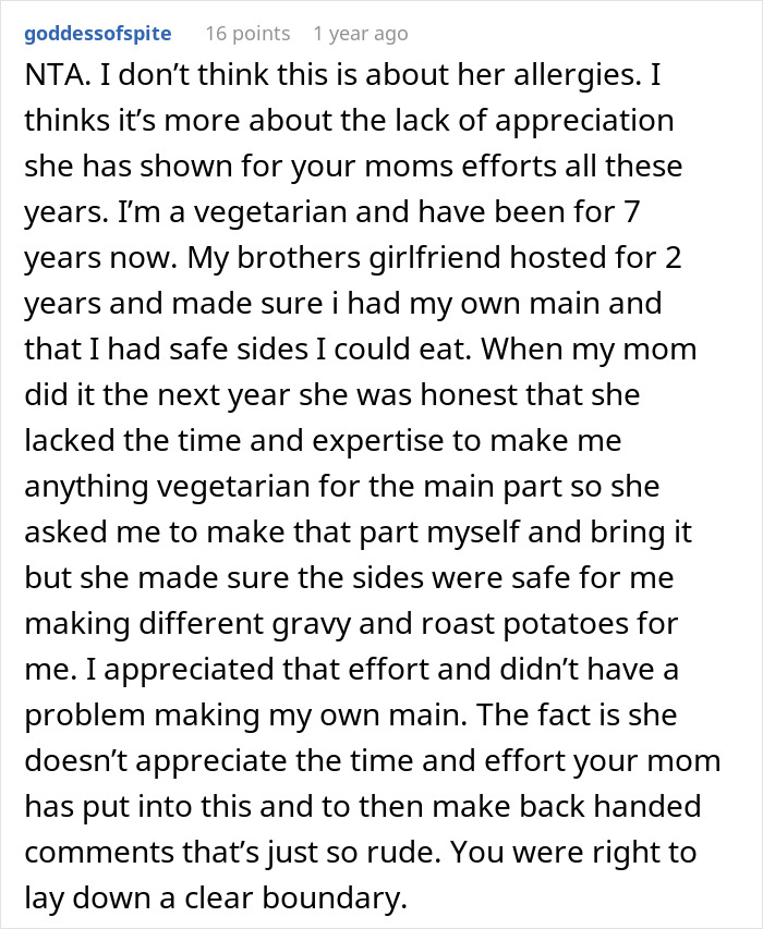 Reddit comment discussing family dynamics and boundaries related to accommodating allergies and appreciation efforts. Reddit comment discussing family dynamics and boundaries related to accommodating allergies and appreciation efforts.