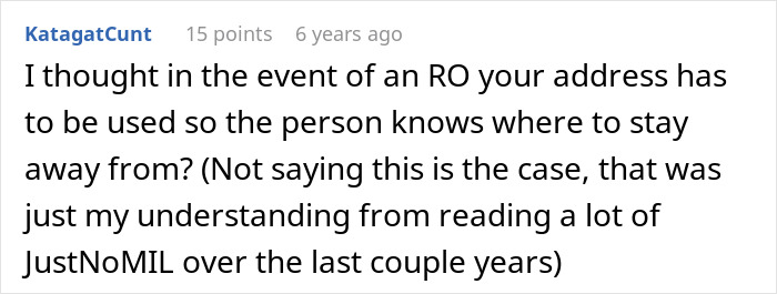 Screenshot of a forum comment discussing address use in restraining orders related to JustNoMIL situations. Screenshot of a forum comment discussing address use in restraining orders related to JustNoMIL situations.