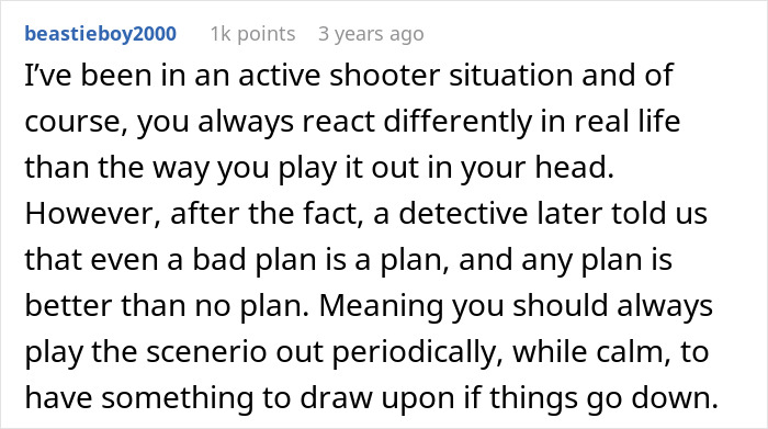 Online comment sharing mass shooting survival tips emphasizing the importance of having a plan and practicing scenarios.