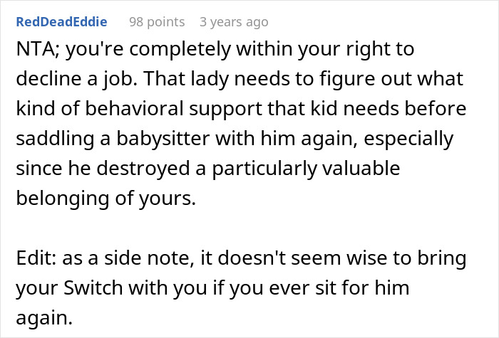 Comment discussing a teen refusing to babysit a reckless 8-year-old due to behavioral issues and destroyed belongings.