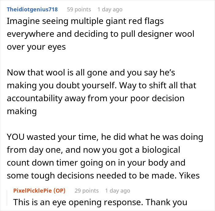 Comment discussing red flags and accountability in a relationship affecting future child health and tough decisions ahead. Comment discussing red flags and accountability in a relationship affecting future child health and tough decisions ahead.