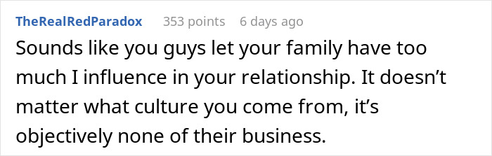 Comment discussing family influence in a relationship, related to man considering canceling wedding after PI investigation. Comment discussing family influence in a relationship, related to man considering canceling wedding after PI investigation.