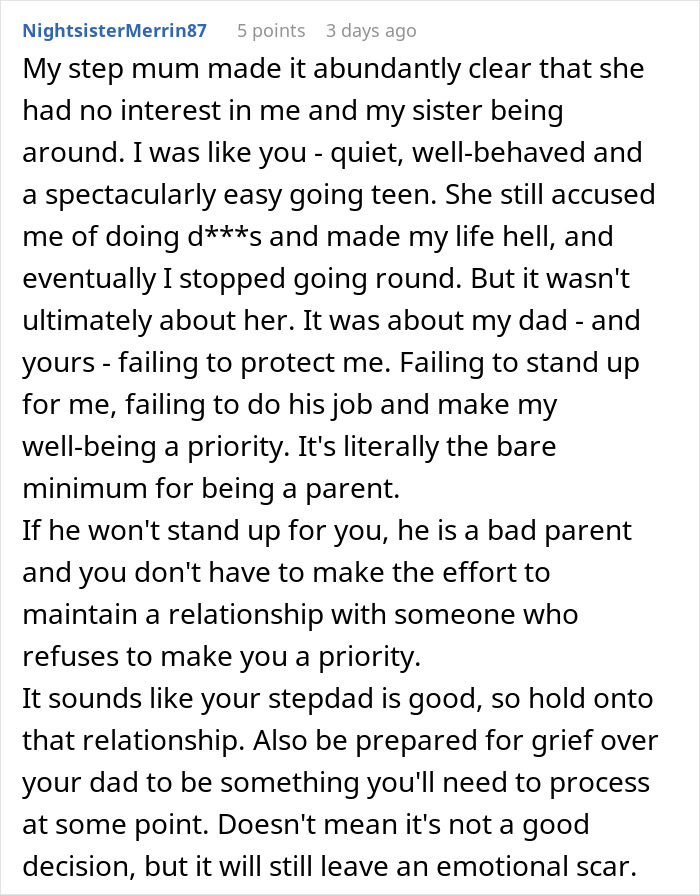 Teen shares experience of stepmother’s true colors and insecurity about a kid affecting family relationships and parental support. Teen shares experience of stepmother’s true colors and insecurity about a kid affecting family relationships and parental support.