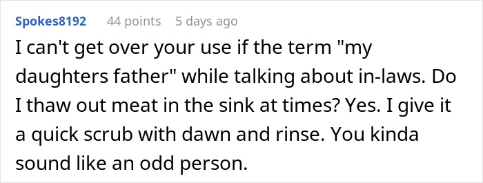 Comment from user Spokes8192 discussing in-law habits and food preparation concerns related to chicken and kitchen hygiene. Comment from user Spokes8192 discussing in-law habits and food preparation concerns related to chicken and kitchen hygiene.