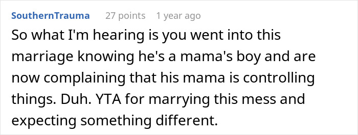 Reddit comment criticizing a marriage where the mother-in-law insists on wearing a white dress to her son's wedding. Reddit comment criticizing a marriage where the mother-in-law insists on wearing a white dress to her son's wedding.