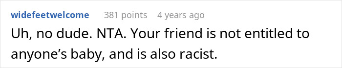 Screenshot of an online comment calling out a friend for being racist and not entitled to a white baby. Screenshot of an online comment calling out a friend for being racist and not entitled to a white baby.