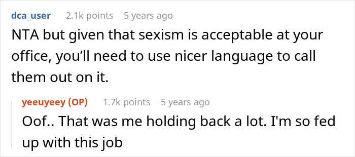 Text conversation about office potluck store bought dessert drama and dealing with sexism in the workplace.