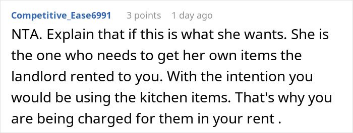 Screenshot of a Reddit comment discussing refusal to follow roommate&rsquo;s strict vegan kitchen rules and related conflicts.