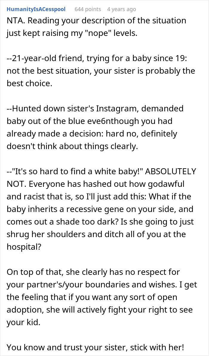 Text discussing a racist demand for a white baby and conflict over adoption between friends and sister. Text discussing a racist demand for a white baby and conflict over adoption between friends and sister.