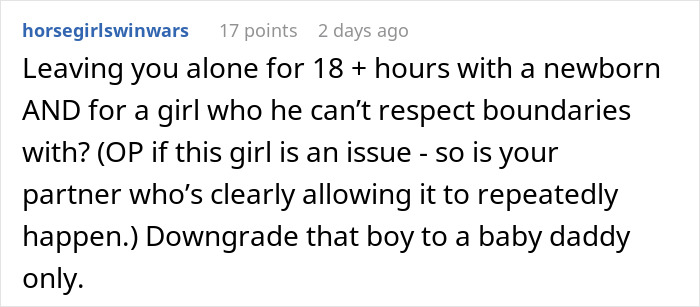 Screenshot of a comment discussing a woman rethinking her relationship after her boyfriend abandons her with a newborn to party over 18 hours.