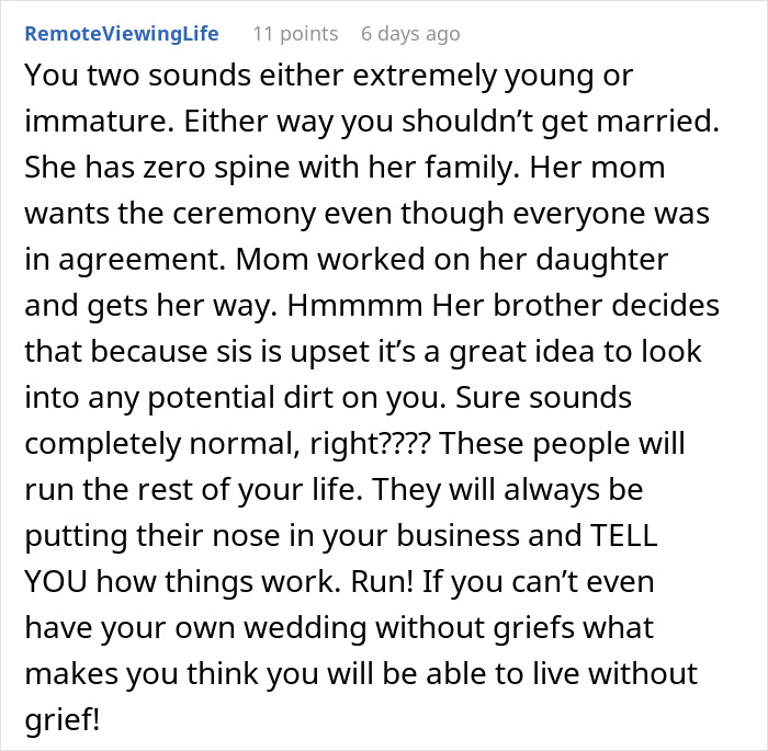 Comment discussing a man considering canceling wedding after fiancée’s family hires a PI to find dirt on him. Comment discussing a man considering canceling wedding after fiancée’s family hires a PI to find dirt on him.