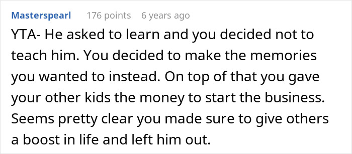 Comment highlighting a man upset his dad didn’t pass on craft skills, while half-brothers used them to start a business.