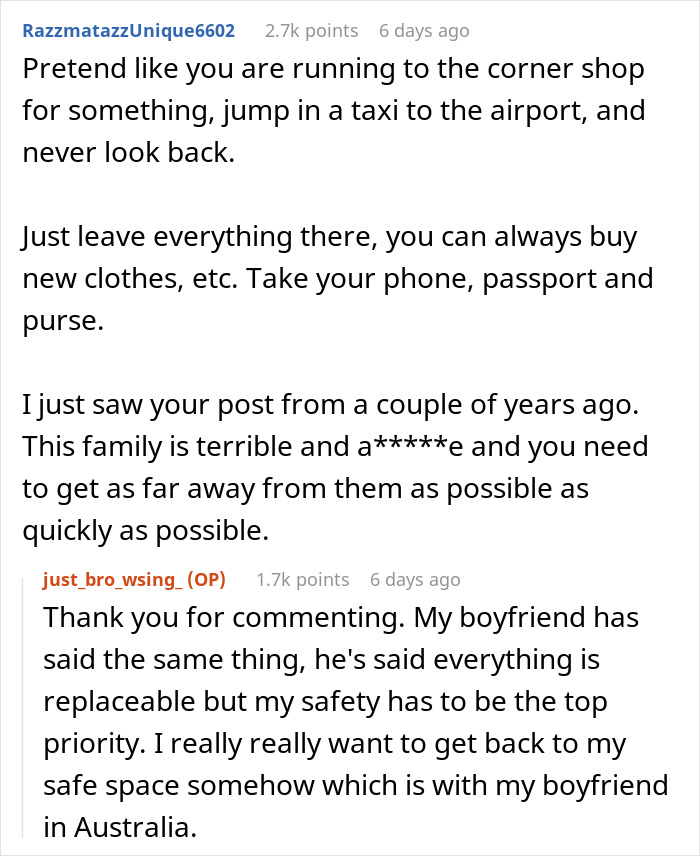 Reddit user advises on escaping situation related to being held hostage at parents’ place, emphasizing safety and quick action. Reddit user advises on escaping situation related to being held hostage at parents’ place, emphasizing safety and quick action.