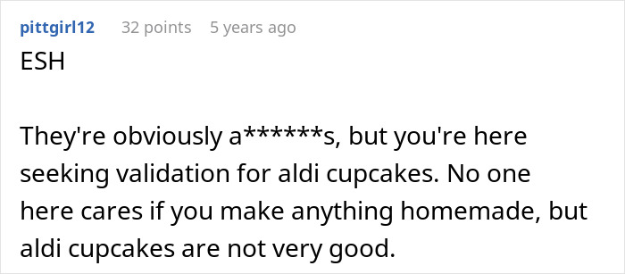 Screenshot of an online comment discussing office potluck store bought dessert drama, mentioning Aldi cupcakes and homemade treats. Screenshot of an online comment discussing office potluck store bought dessert drama, mentioning Aldi cupcakes and homemade treats.