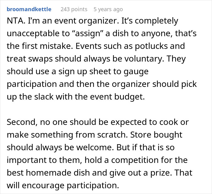 Comment explaining office potluck drama over store bought desserts and how participation should be voluntary without assigning dishes