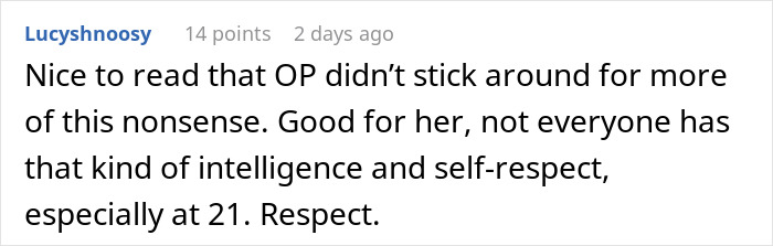 Comment praising the new girlfriend’s intelligence and self-respect after being tested by immature guy and his friends.