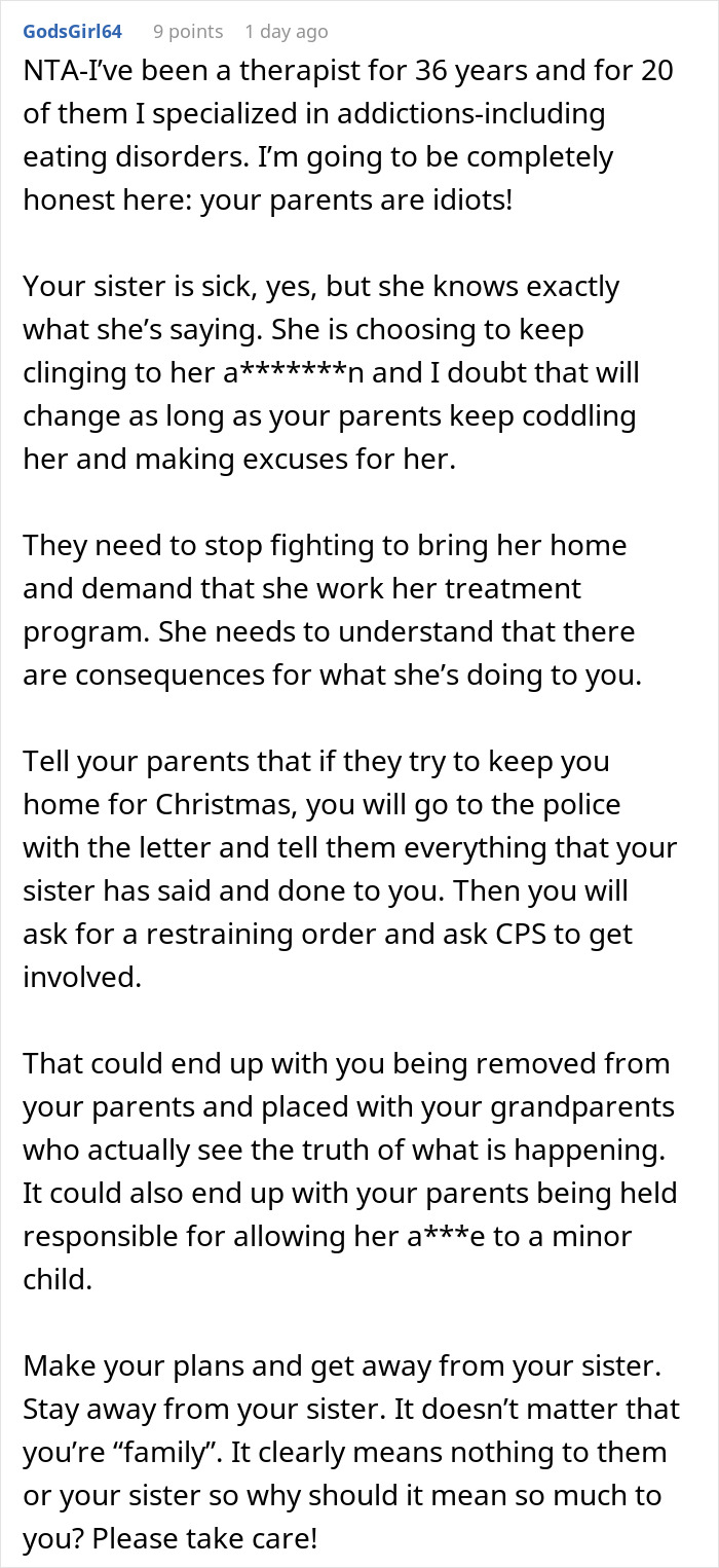 Alt text: Therapist warns about sister’s threats and urges parents to push for treatment and a safe family Christmas reunion Alt text: Therapist warns about sister’s threats and urges parents to push for treatment and a safe family Christmas reunion