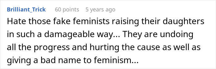 Comment criticizing fake feminists for raising daughters to treat boyfriends like personal ATMs, sparking dad calls out wife debate.