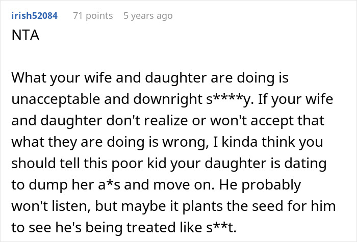 Comment criticizing wife and daughter for teaching daughter to treat boyfriend like a personal ATM. Comment criticizing wife and daughter for teaching daughter to treat boyfriend like a personal ATM.