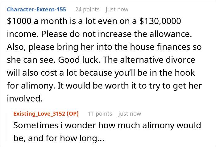 Screenshot of online discussion about a stay-at-home mom feeling poor despite receiving 1000 dollars monthly as fun money. Screenshot of online discussion about a stay-at-home mom feeling poor despite receiving 1000 dollars monthly as fun money.