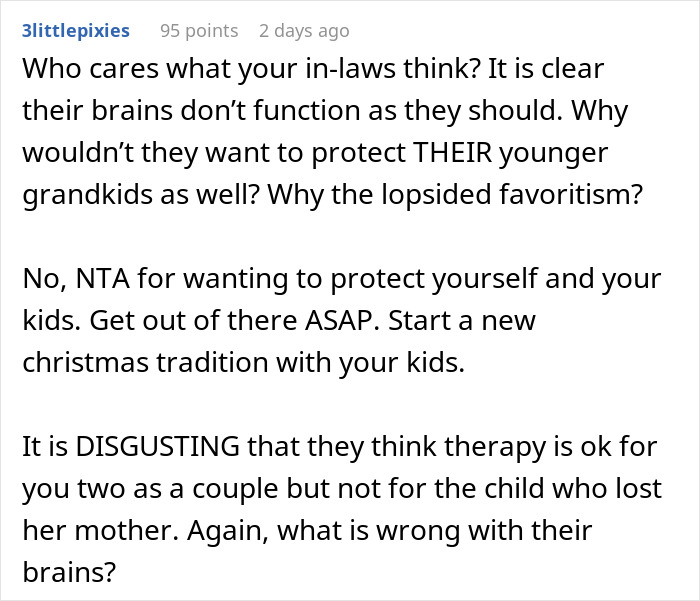 Comment expressing frustration over in-laws’ behavior and protecting kids from stepdaughter’s actions in family conflict. Comment expressing frustration over in-laws’ behavior and protecting kids from stepdaughter’s actions in family conflict.