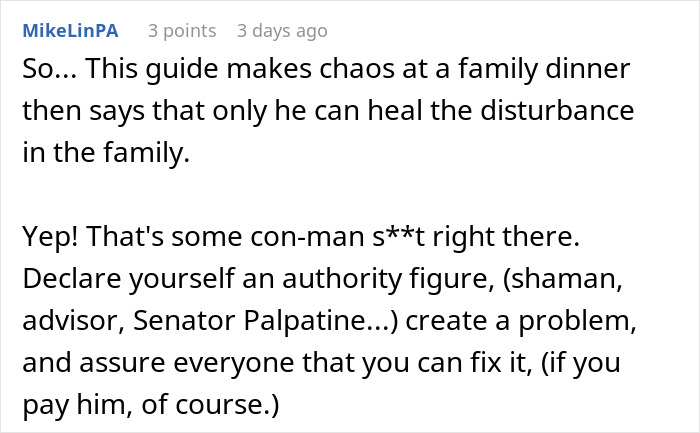 Screenshot of a comment discussing a barefoot spiritual advisor causing comical chaos at Thanksgiving and being kicked out.