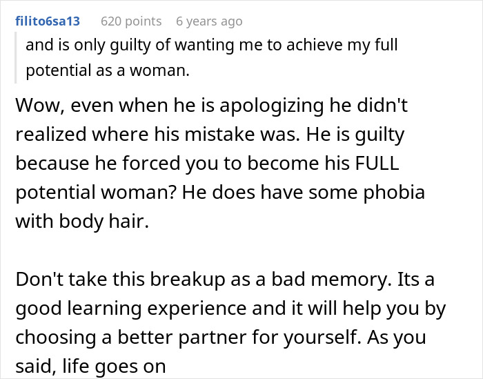 Screenshot of an online comment discussing body hair and a breakup related to boyfriend demanding girlfriend to laser it off.
